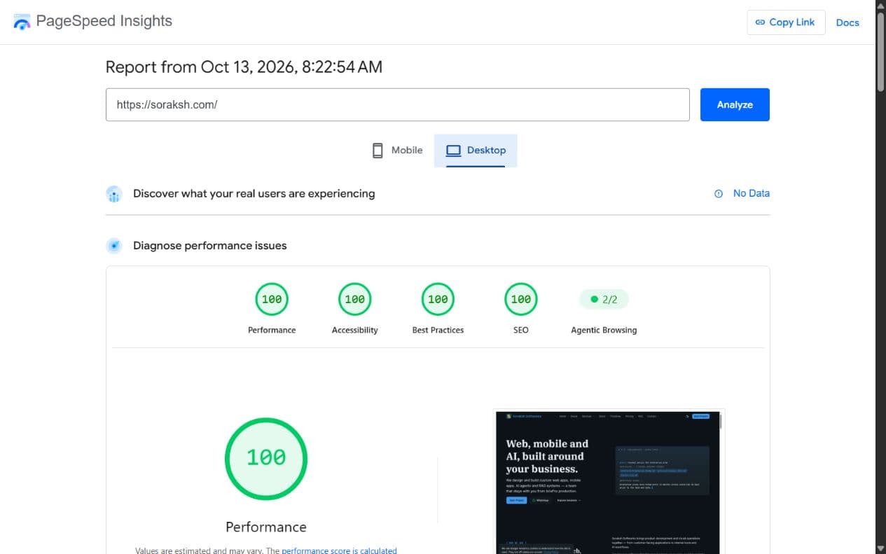 Recorded Soraksh homepage PageSpeed desktop audit: SEO, performance, accessibility and best practices all 100.