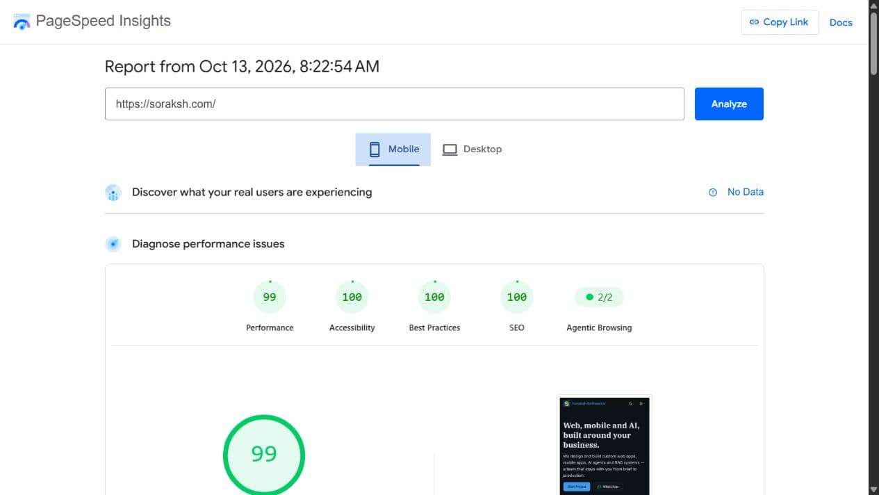 Recorded Soraksh homepage PageSpeed mobile audit: SEO 100, performance 99, accessibility 100 and best practices 100.